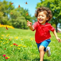 a playful young boy with curly brown hair, wearing a bright red t-shirt and blue shorts, running joyfully through a sunny park, chasing butterflies with a big grin on his face, surrounded by green grass and colorful flowers, bright blue sky in the background