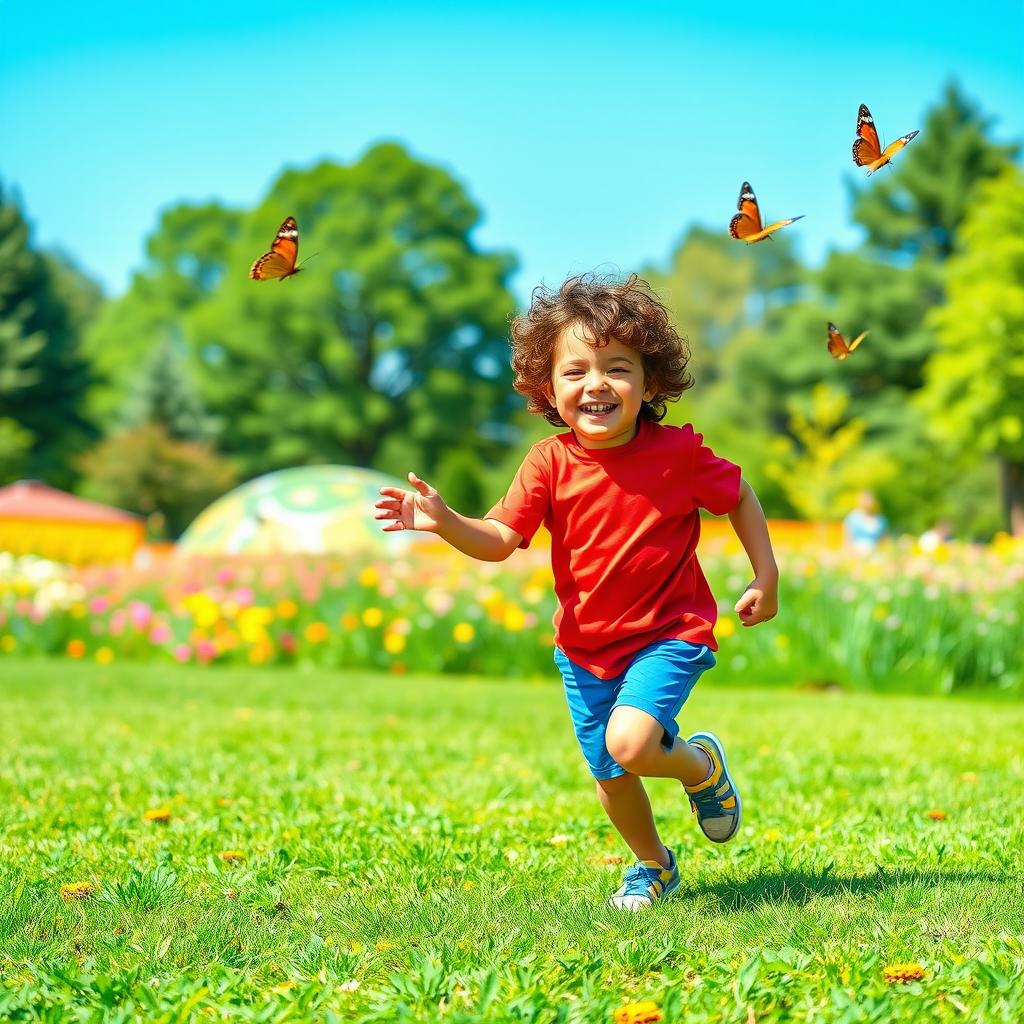 a playful young boy with curly brown hair, wearing a bright red t-shirt and blue shorts, running joyfully through a sunny park, chasing butterflies with a big grin on his face, surrounded by green grass and colorful flowers, bright blue sky in the background