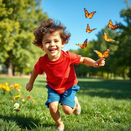 a playful young boy with curly brown hair, wearing a bright red t-shirt and blue shorts, running joyfully through a sunny park, chasing butterflies with a big grin on his face, surrounded by green grass and colorful flowers, bright blue sky in the background