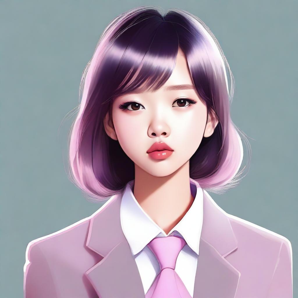 A digital art piece of a young, cute, Asian teenager with a seductive expression and a pouting lip