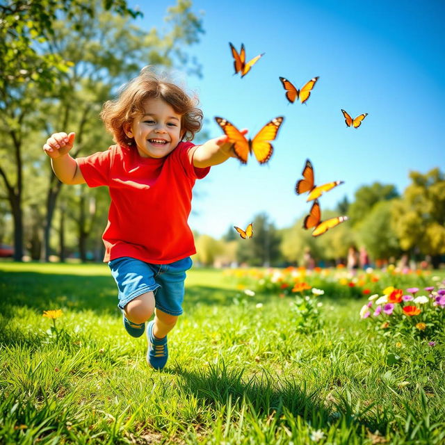 a playful young boy with curly brown hair, wearing a bright red t-shirt and blue shorts, running joyfully through a sunny park, chasing butterflies with a big grin on his face, surrounded by green grass and colorful flowers, bright blue sky in the background