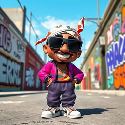 A vibrant 3D cartoon character inspired by Tupac Shakur, with a playful and exaggerated artistic style