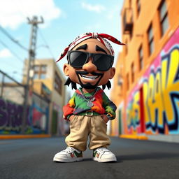 A vibrant 3D cartoon character inspired by Tupac Shakur, with a playful and exaggerated artistic style