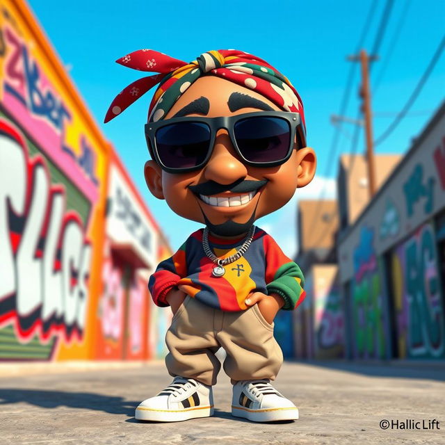 A vibrant 3D cartoon character inspired by Tupac Shakur, with a playful and exaggerated artistic style