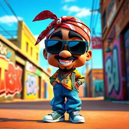 A vibrant 3D cartoon character inspired by Tupac Shakur, with a playful and exaggerated artistic style
