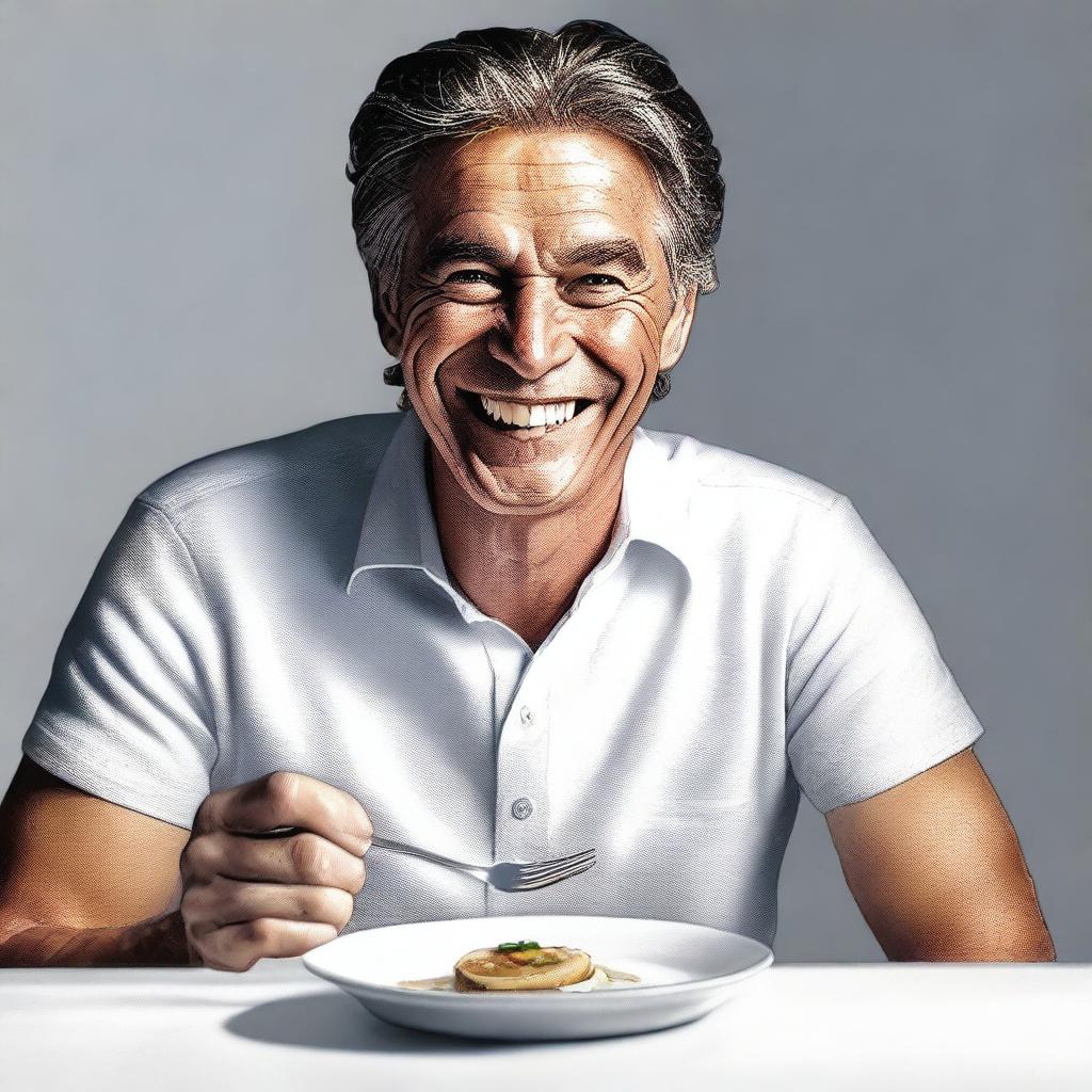 A hyper-realistic digital art showcases a man holding a fork and spoon