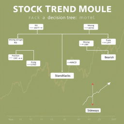 A detailed and educational illustration of a decision tree model used for stock trend prediction
