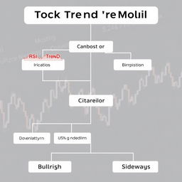 A detailed and educational illustration of a decision tree model used for stock trend prediction