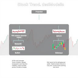 A detailed and educational illustration of a decision tree model used for stock trend prediction