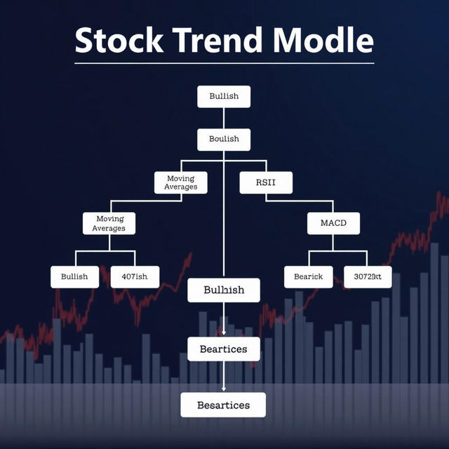 A detailed and educational illustration of a decision tree model used for stock trend prediction