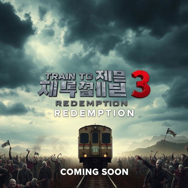 A dynamic and intense teaser poster for 'Train to Busan 3: REDEMPTION (2024)', featuring an apocalyptic landscape with a moving train in the foreground, slightly dilapidated and surrounded by hordes of zombies