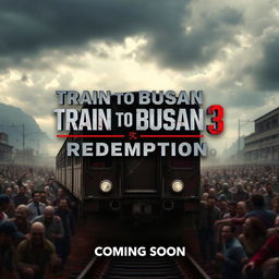 A dynamic and intense teaser poster for 'Train to Busan 3: REDEMPTION (2024)', featuring an apocalyptic landscape with a moving train in the foreground, slightly dilapidated and surrounded by hordes of zombies