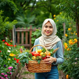 A teenage girl wearing a light, simple headscarf walking through an organic garden, surrounded by vibrant green trees and lush plants