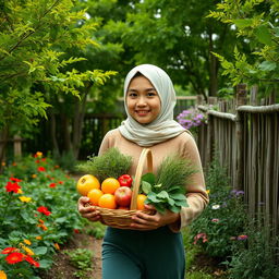 A teenage girl wearing a light, simple headscarf walking through an organic garden, surrounded by vibrant green trees and lush plants