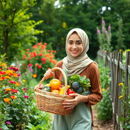 A teenage girl wearing a light, simple headscarf walking through an organic garden, surrounded by vibrant green trees and lush plants