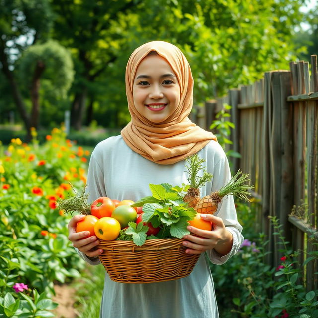 A teenage girl wearing a light, simple headscarf walking through an organic garden, surrounded by vibrant green trees and lush plants