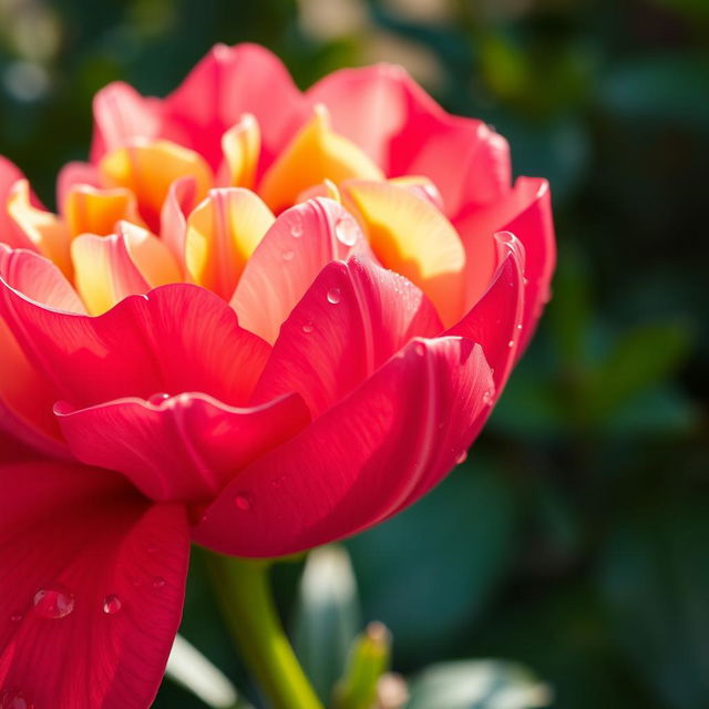 A stunning close-up of a vibrant flower in full bloom, showcasing intricate petal details and rich, vivid colors like deep reds, bright yellows, and soft pinks