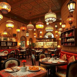 A spacious café in Iran, designed with an atmosphere reminiscent of Istanbul, featuring vibrant Turkish culture in every detail