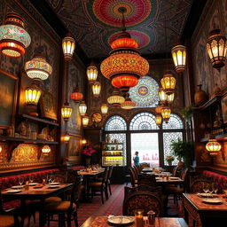 A spacious café in Iran, designed with an atmosphere reminiscent of Istanbul, featuring vibrant Turkish culture in every detail