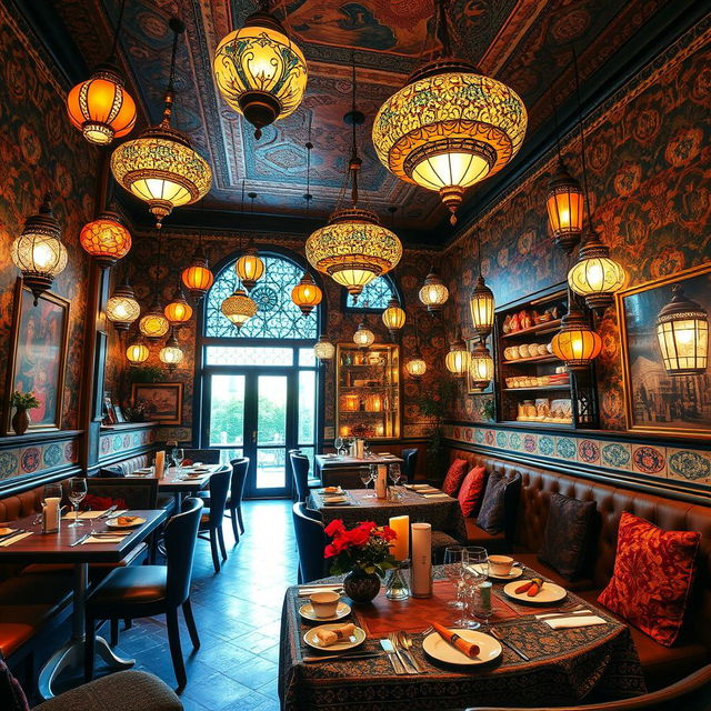 A spacious café in Iran, designed with an atmosphere reminiscent of Istanbul, featuring vibrant Turkish culture in every detail