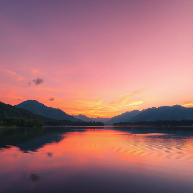 A beautifully edited high-resolution 16K photo showcasing a serene landscape, featuring a stunning sunset over a calm lake with vibrant reflections on the water