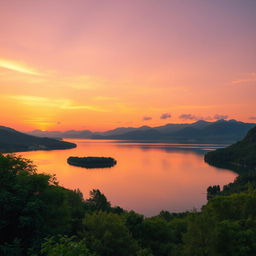 A beautifully edited high-resolution 16K photo showcasing a serene landscape, featuring a stunning sunset over a calm lake with vibrant reflections on the water