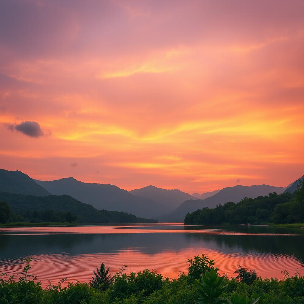 A beautifully edited high-resolution 16K photo showcasing a serene landscape, featuring a stunning sunset over a calm lake with vibrant reflections on the water