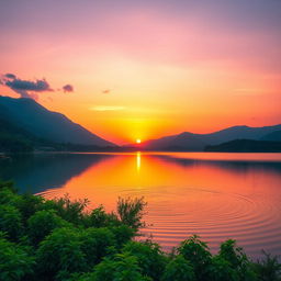 A beautifully edited high-resolution 16K photo showcasing a serene landscape, featuring a stunning sunset over a calm lake with vibrant reflections on the water