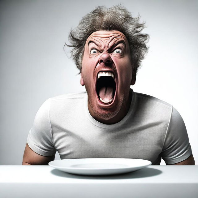 A hyper-realistic digital art depicts a man screaming at an empty white plate on a white table