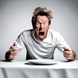 A hyper-realistic digital art depicts a man screaming at an empty white plate on a white table