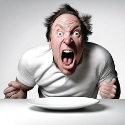 A hyper-realistic digital art depicts a man screaming at an empty white plate on a white table