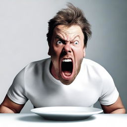 A hyper-realistic digital art depicts a man screaming at an empty white plate on a white table