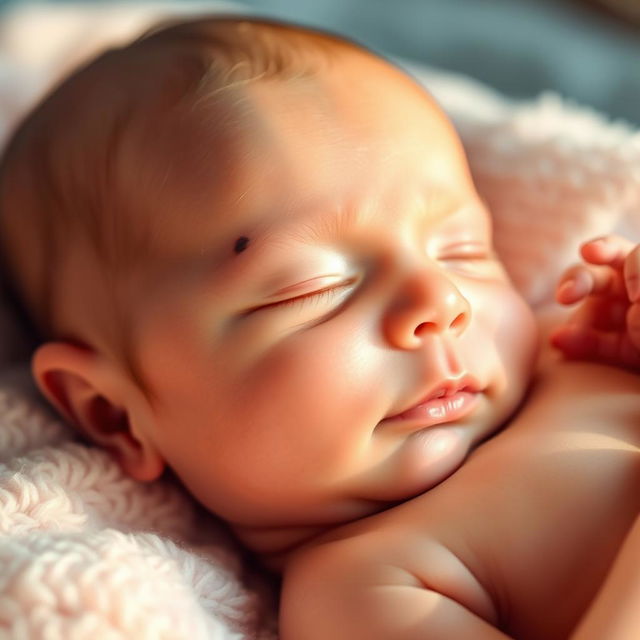 A close-up photograph of a newborn baby with a prominent congenital mole on the skin