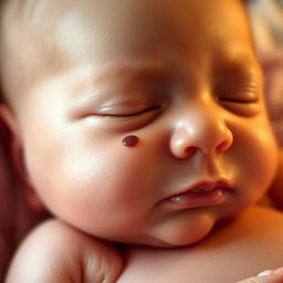 A close-up photograph of a newborn baby with a prominent congenital mole on the skin