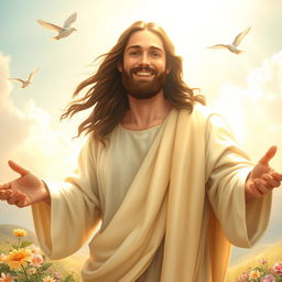 A radiant, ethereal depiction of Jesus with a warm, inviting smile, conveying happiness and compassion