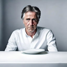 A hyper-realistic digital art portrays a man staring at an empty white plate on a white table