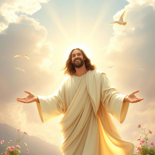 A radiant, ethereal depiction of Jesus with a warm, inviting smile, conveying happiness and compassion