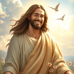 A radiant, ethereal depiction of Jesus with a warm, inviting smile, conveying happiness and compassion