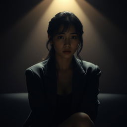 A beautiful Korean woman sitting in a dimly lit setting with a sad expression, facing the camera