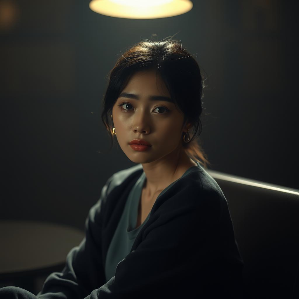 A beautiful Korean woman sitting in a dimly lit setting with a sad expression, facing the camera