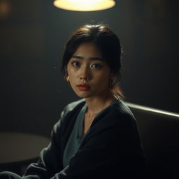 A beautiful Korean woman sitting in a dimly lit setting with a sad expression, facing the camera