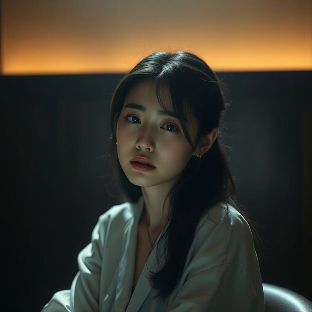 A beautiful Korean woman sitting in a dimly lit setting with a sad expression, facing the camera