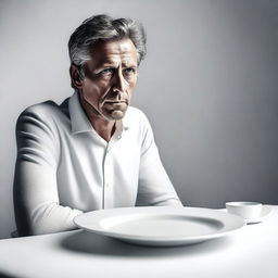 A hyper-realistic digital art portrays a man staring at an empty white plate on a white table