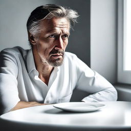 A hyper-realistic digital art portrays a man staring at an empty white plate on a white table