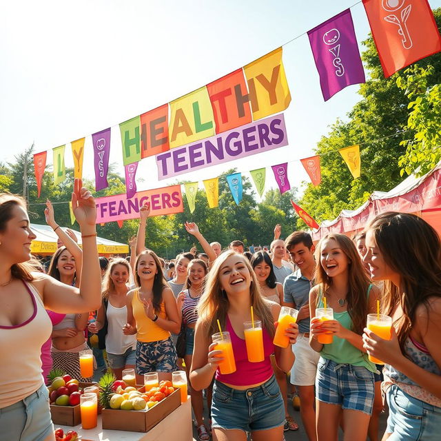 A vibrant and energetic scene capturing a festival atmosphere celebrating healthy teenagers