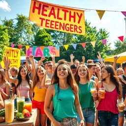 A vibrant and energetic scene capturing a festival atmosphere celebrating healthy teenagers