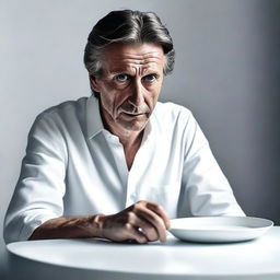 A hyper-realistic digital art portrays a man staring at an empty white plate on a white table