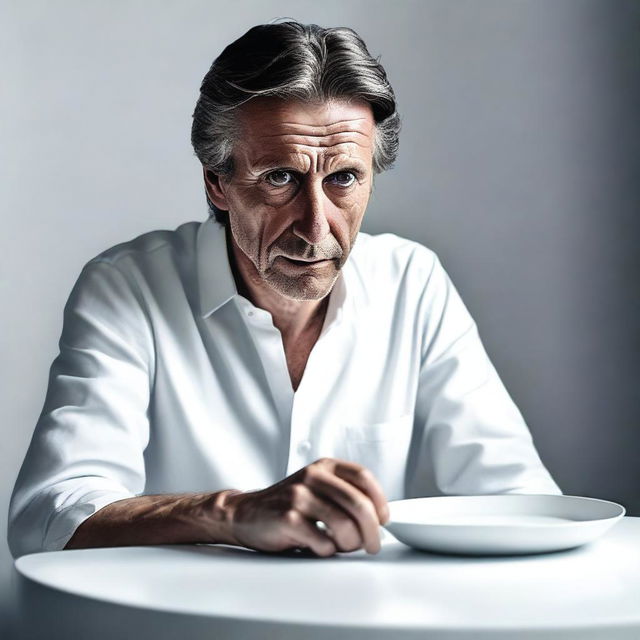 A hyper-realistic digital art portrays a man staring at an empty white plate on a white table