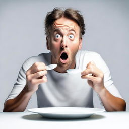 This is a hyper-realistic digital art piece featuring a man expressing shock as he looks at an empty white plate on a white table