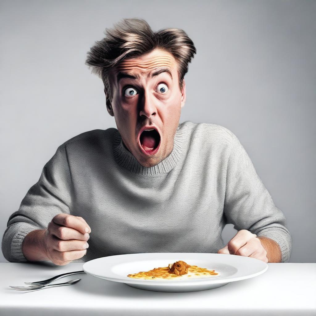 This is a hyper-realistic digital art piece featuring a man expressing shock as he looks at an empty white plate on a white table